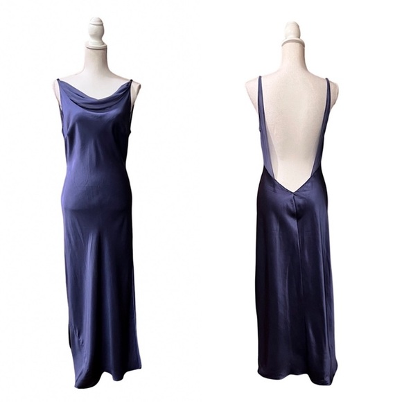 Vintage Y2K 100% Silk Blue Slip Dress Cowl Neck Silk Dress Backless Dress Prom - Picture 5 of 15
